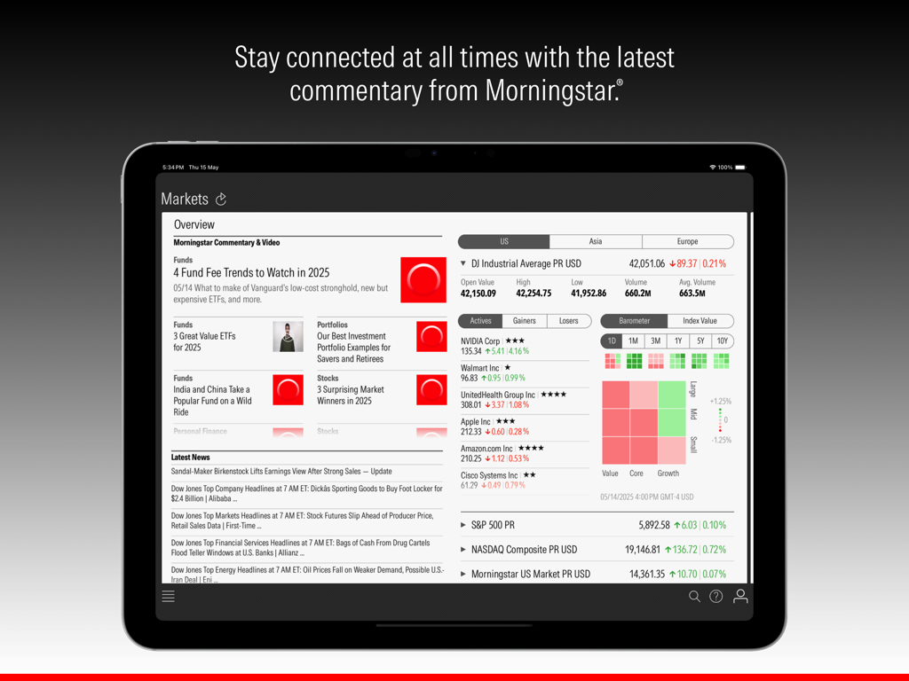 Morningstar for iPad app displaying market overview news and stock performance data
