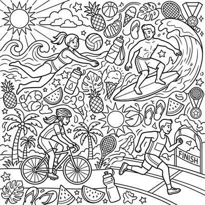 Get ready for an energetic coloring adventure with this dynamic summer sports scene! Explore athletes engaged in surfing, cycling, running, and swimming, surrounded by classic warm-weather elements.