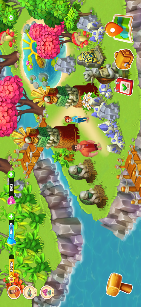 Horizon Island: Farm Adventure - Karl y Lara de pie en un camino de isla tropical rodeado de estatuas de piedra y árboles coloridos