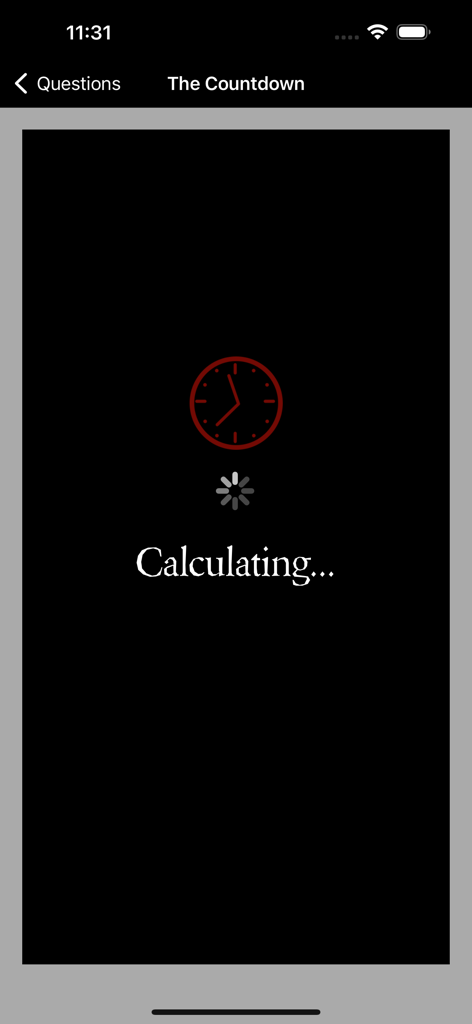 The Countdown - Your Fate - Loading screen of The Countdown app with a red clock icon and Calculating text