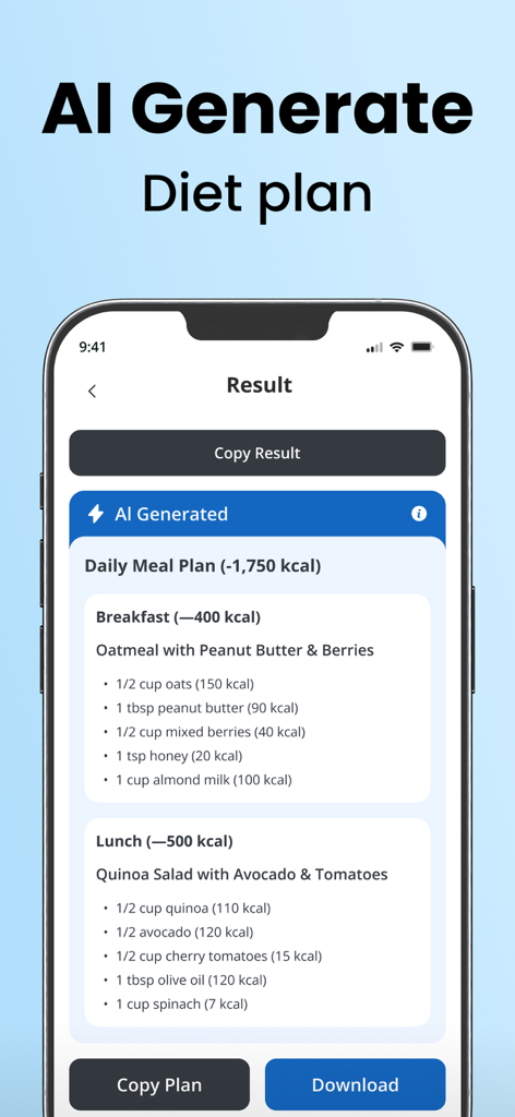 Screenshot di un piano alimentare giornaliero generato dall'IA che mostra colazione e pranzo con conteggio delle calorie
