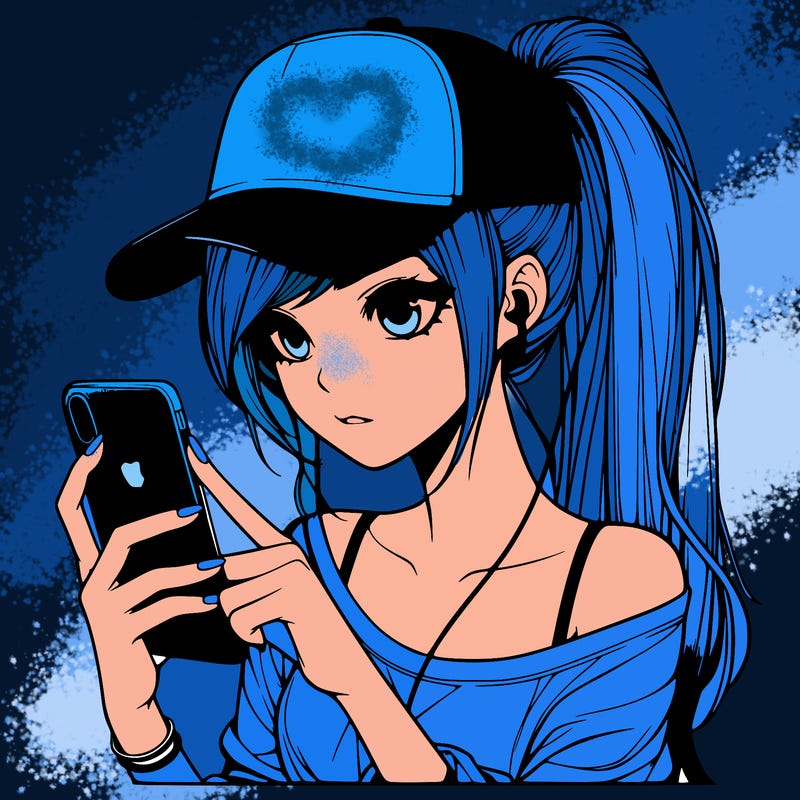 realistic girl with a long ponytail and trucker hat holding an iphone