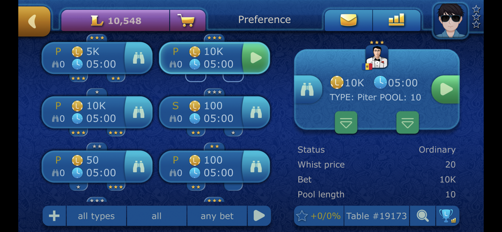 Lobby screen of Online Preference LiveGames showing available card game tables with different bets and rules