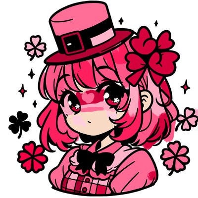 a manga-style girl with clovers around her, a little hat in her hair, like it's saint patrick's day