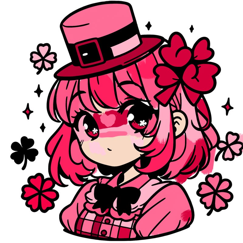 a manga-style girl with clovers around her, a little hat in her hair, like it's saint patrick's day