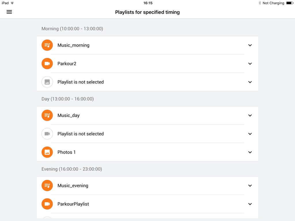 BUBUKA for iPad - Interface for scheduling business background music and video playlists by time of day