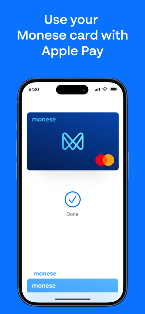 Monese-Debitkarte bei der Verwendung mit Apple Pay auf einem iPhone-Bildschirm