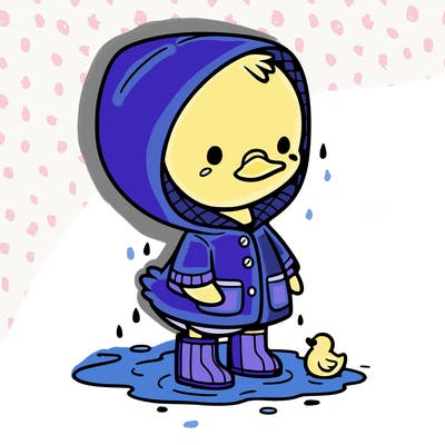 baby duck in a rain coat and boots, in a puddle while it’s raining