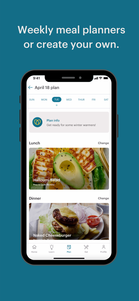 Defeat Diabetes - Weekly meal planner interface in the Defeat Diabetes app showing low carb recipe options