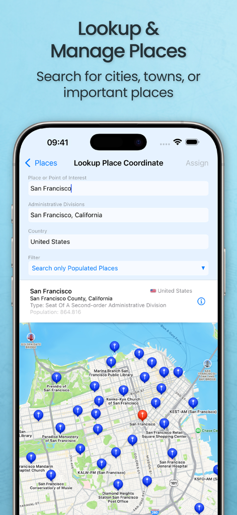 MobileFamilyTree 11 - iPhone screen displaying the lookup and manage places feature with a map and search results for San Francisco