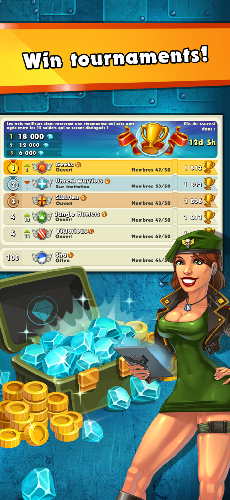 Jungle Heat - Tournament leaderboard showing clan rankings and a military chest overflowing with diamonds and gold coins