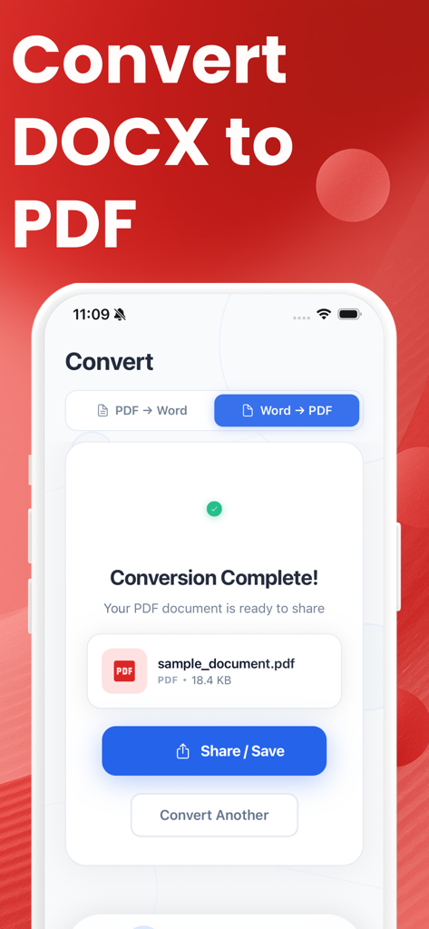 PDF to Word Converter & Docx - Interface of the PDF to Word Converter app showing a successful DOCX to PDF file conversion on a mobile device.