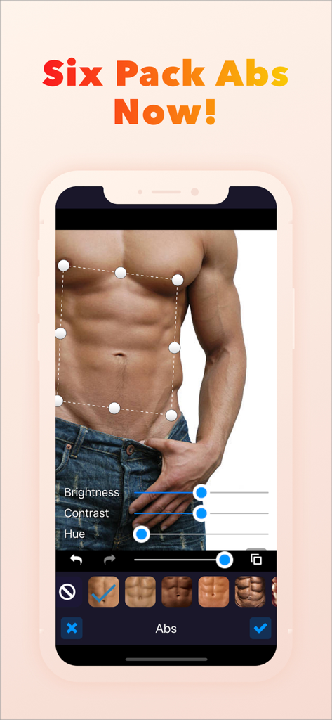 Interfaz de aplicación móvil que muestra un torso masculino siendo editado para añadir abdominales de six-pack utilizando herramientas de retoque fotográfico.