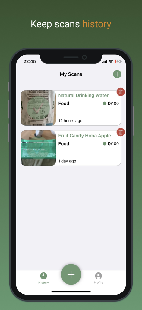 HealthifyScan: AI Food Checker - A mobile interface showing a history of scanned food items with health scores and scan dates