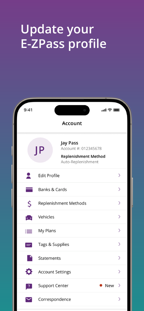Tolls NY app screen for managing E-ZPass account details and profile information