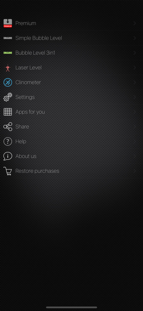 Pocket Bubble Level XXL - Hauptmenü-Bildschirm der Pocket Wasserwaage XXL App mit Werkzeugoptionen wie Wasserwaage und Neigungsmesser