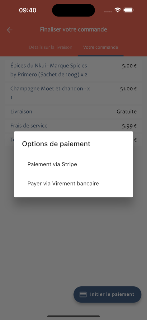 Easy Market - Easy Market app checkout screen with a payment selection popup for Stripe or bank transfer