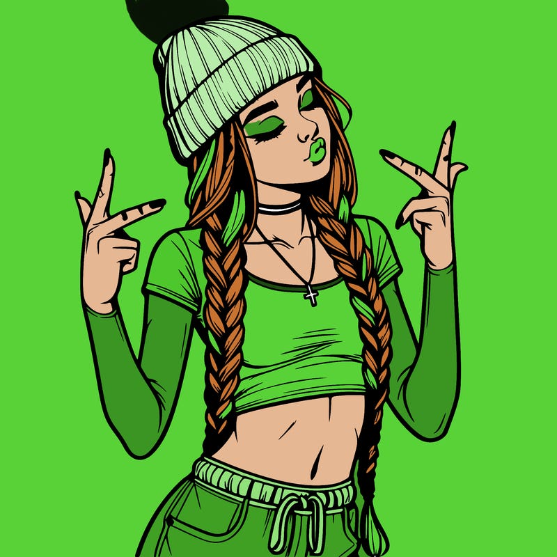 realistic teenage girl with braids and a beanie and crop top doing 🫶🏼