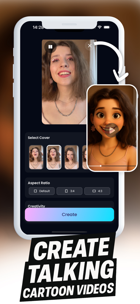 AI Cartoon Video Converter - Interface of ToonVid app showing the conversion of a real person talking into a 3D cartoon character