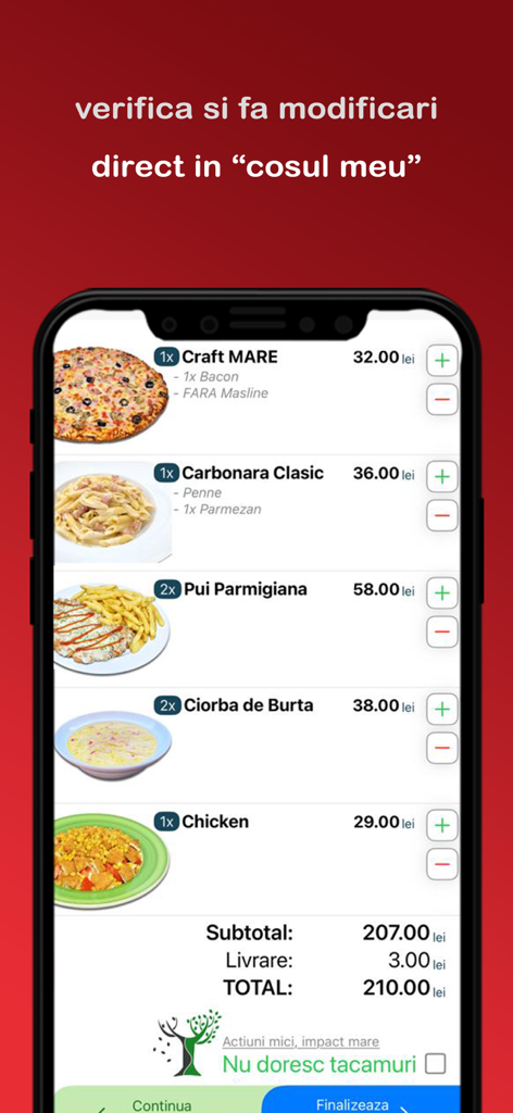 Craft Delivery - Pantalla del carrito de compras de la aplicación Craft Delivery mostrando una lista de artículos de comida y el precio total del pedido