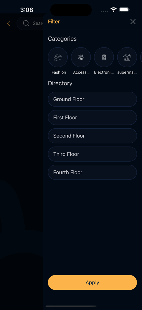 Mecca Mall - Filter screen for selecting shopping categories and floor directory within the Mecca Mall mobile application.