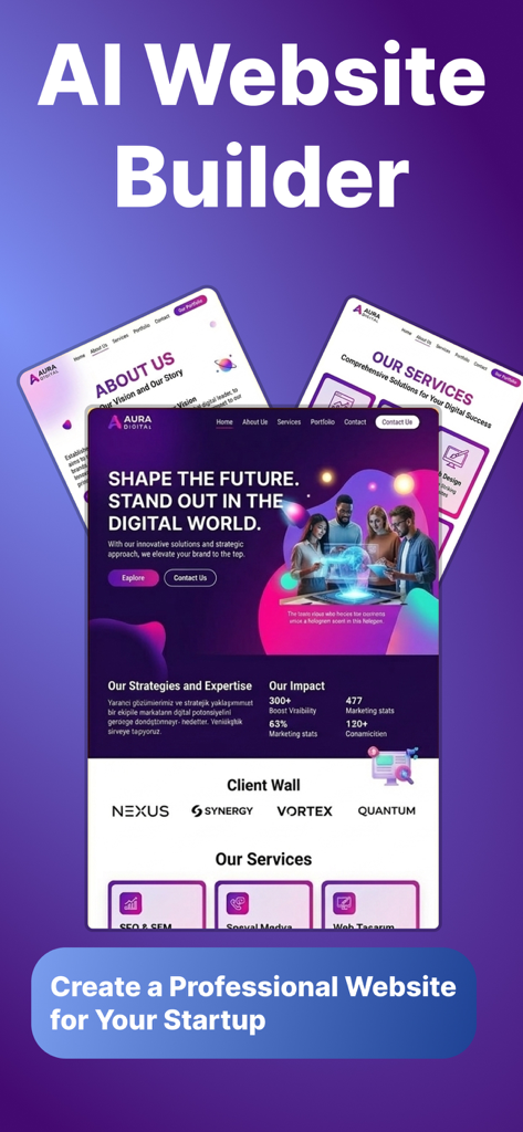 Interfaz de aplicación móvil que muestra plantillas de sitios web profesionales para startups creadas con IA