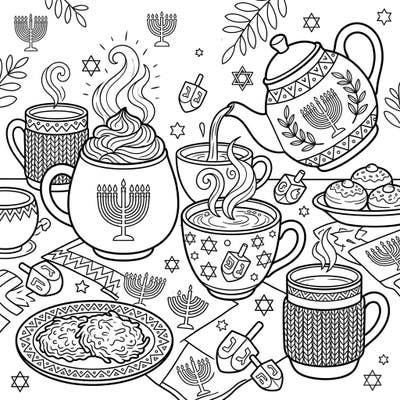 Immerse yourself in the warm glow of Hanukkah with this delightful coloring page featuring cozy coffee and tea. Adorned with menorahs, dreidels, and festive treats, it's perfect for celebrating the Festival of Lights.