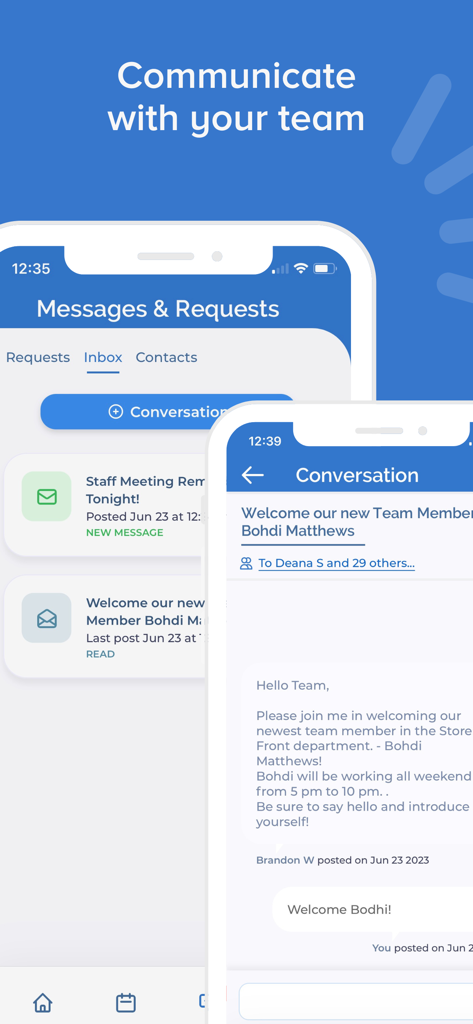 Interface de l'application mobile Ameego montrant la messagerie d'équipe et la boîte de réception du personnel pour la communication en restaurant.