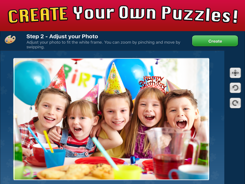 Jigsaw Box Puzzles - Jigsaw Box Puzzles app feature to create custom puzzles from personal photos showing a birthday party picture.