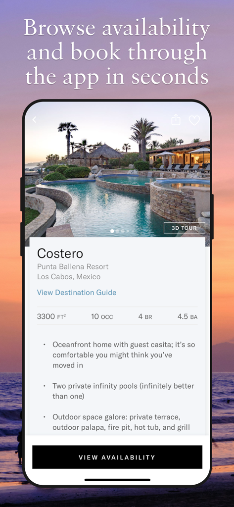 A luxury villa listing in Mexico on the Inspirato travel app showing oceanfront pools and property details.
