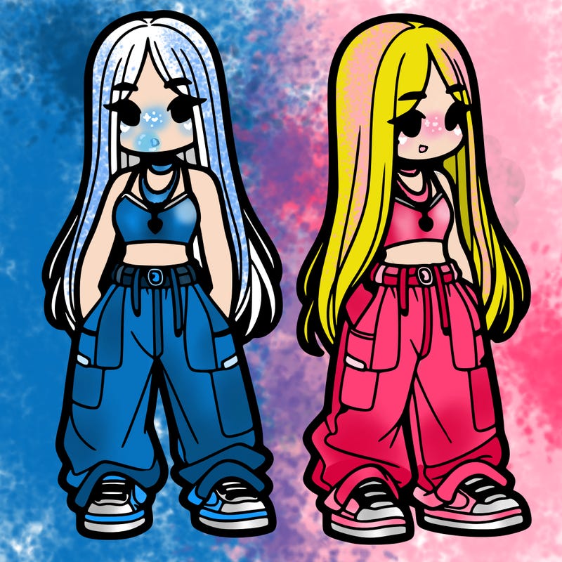 girl in baggy pants crop top and long hair