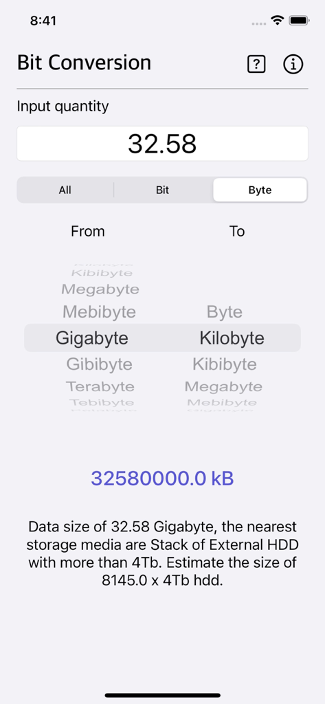 Bit Converter Plus - Bit Converter Plus mobile app displaying a conversion from Gigabyte to Kilobyte