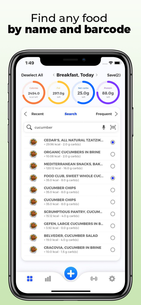 Carb Counter - Calorie King RP - Mobile app interface showing food search results for cucumber and daily macro nutrient tracking for keto dieting