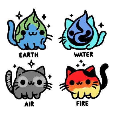 4 cats that represent the different elements, earth, water, air, and fire