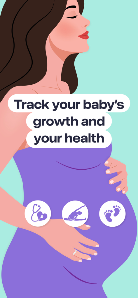 Pregnancy Tracker, Due Date - Ilustración de una mujer embarazada con iconos que representan salud médica, ejercicio prenatal y seguimiento del bebé.