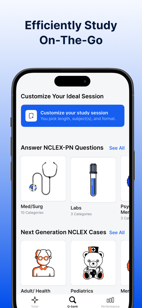 NCLEX PN Mastery Prep - 2026 - Interface do aplicativo NCLEX PN Mastery mostrando categorias de estudo de enfermagem e sessões de exame personalizáveis.
