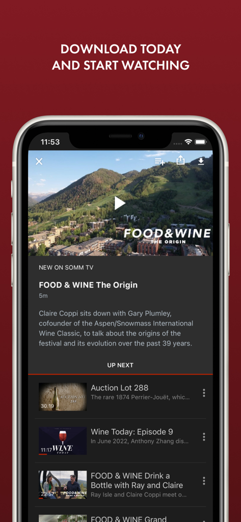 Screenshot of SOMM TV app displaying a food and wine documentary interface on a smartphone