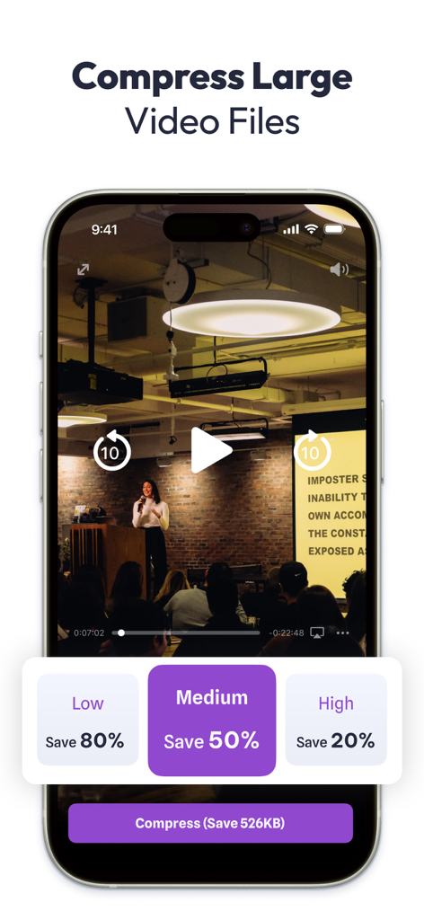 Swipe Cleaner app interface for compressing large video files with low medium and high save options