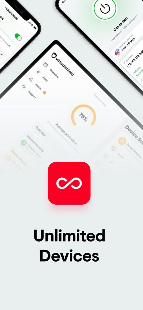 VirtualShield VPN mobile app interface featuring unlimited devices support