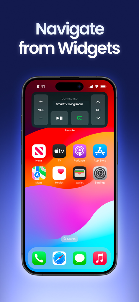 Remote Control TV & Smart - Smart TV remote control widget on an iPhone home screen showing volume and channel controls