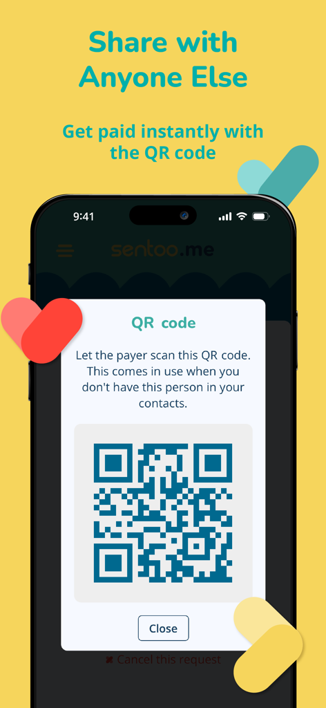 Sentoo.me - App mobile Sentoo.me che visualizza un codice QR per richieste di pagamento istantaneo