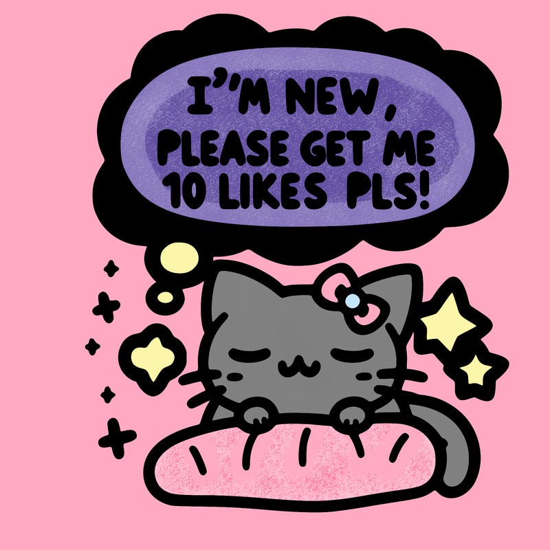 kitty taking a nap dream talking and saying "i'm new, please get me at least 10 likes pls!!"