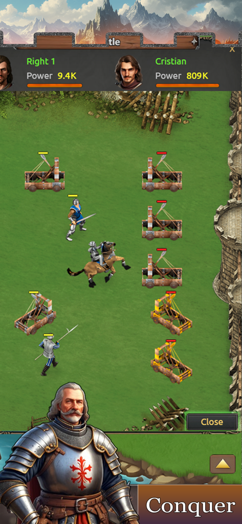Lords of Kingdoms - Medieval battle scene in Lords of Kingdoms featuring knights and catapults on a green field