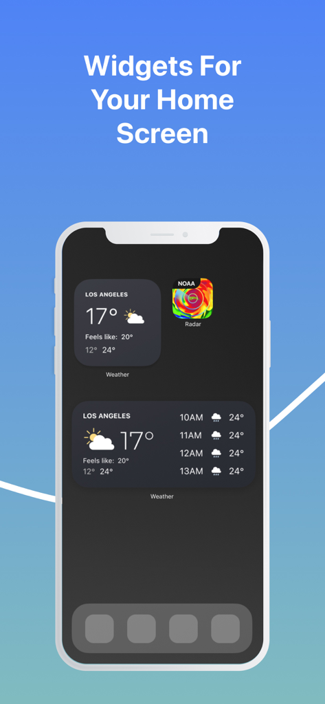 Meteo Radar Pro - iPhone home screen displaying Meteo Radar Pro weather widgets with temperature and hourly forecast info