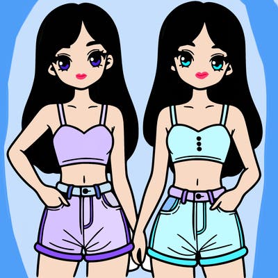 two sisters with crop tops and jean shorts and straight hair