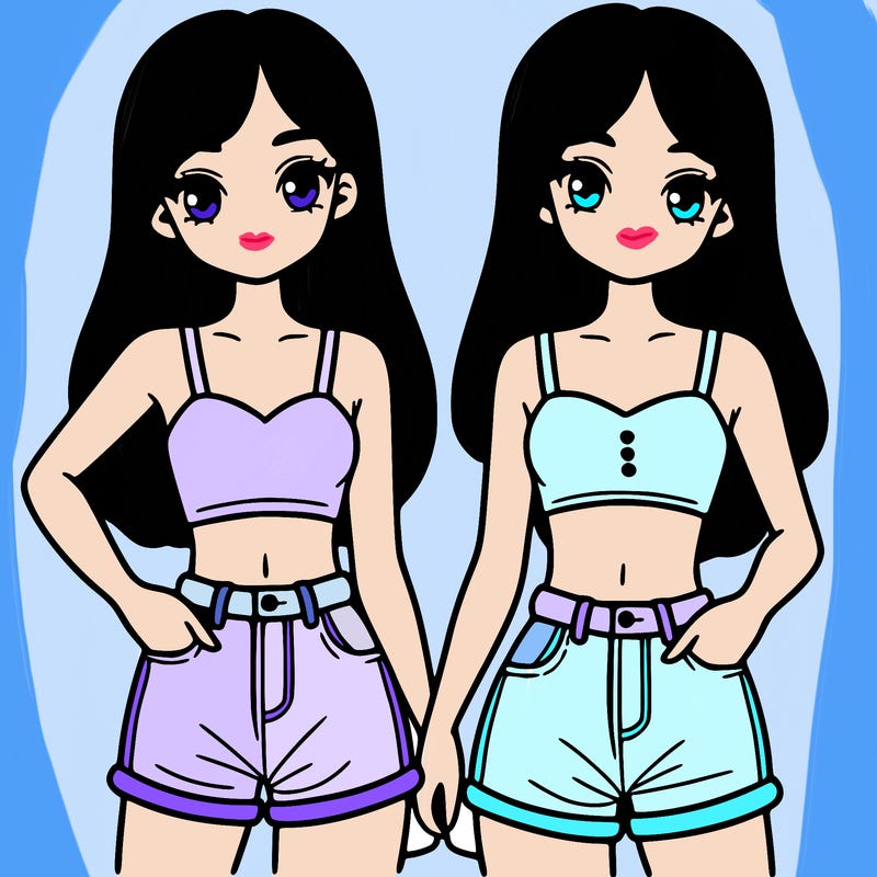 two sisters with crop tops and jean shorts and straight hair