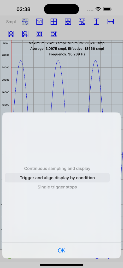 Mobile Oscilloscope - 모바일 오실로스코프 인터페이스에 파형과 트리거 모드 선택 팝업이 표시됩니다.