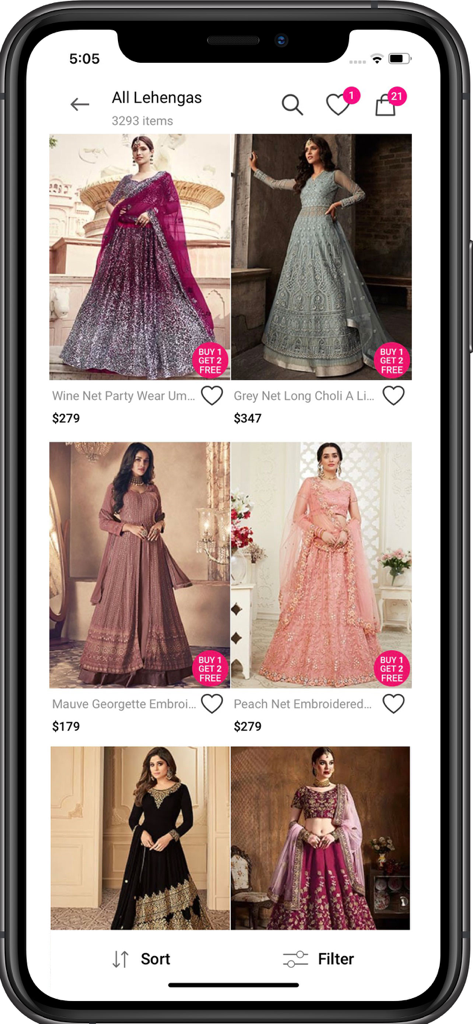 A screen from the Cbazaar app displaying a variety of Indian designer lehengas with prices and special offers