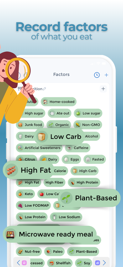 Tela do celular mostrando o aplicativo Esana com várias tags nutricionais como Low Carb e Plant-Based para registrar hábitos alimentares.