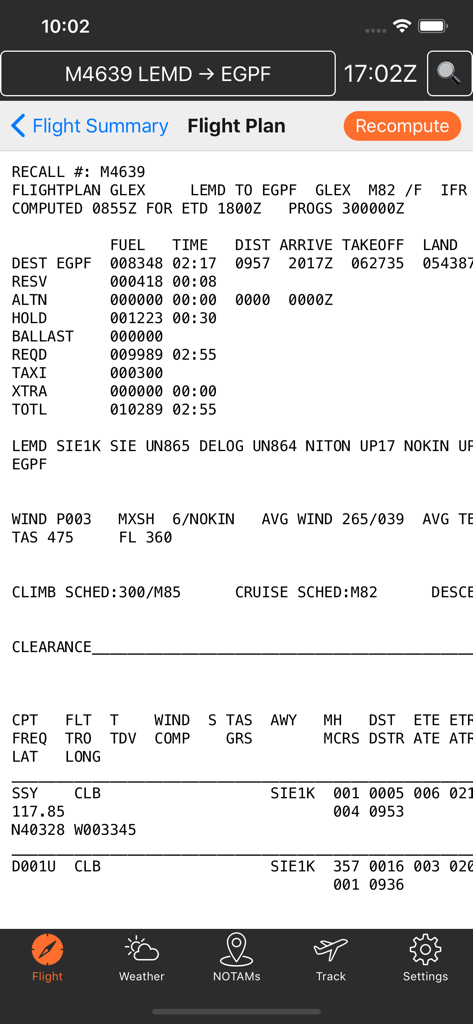 ARINCDirect Mini app screenshot displaying a detailed aviation flight plan with fuel and timing metrics